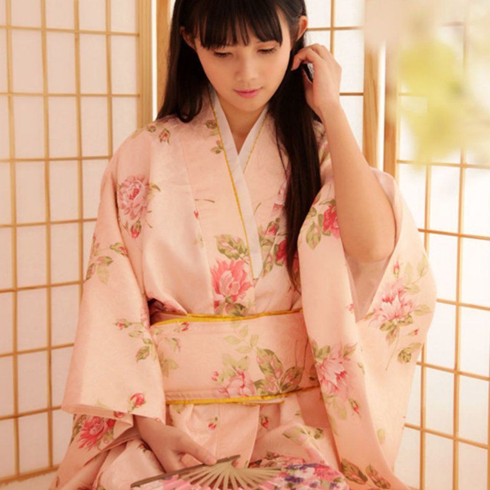 Peony Japanese Brocade Yukata | Traditional Floral Wrap Dress Gown Summer Kimono